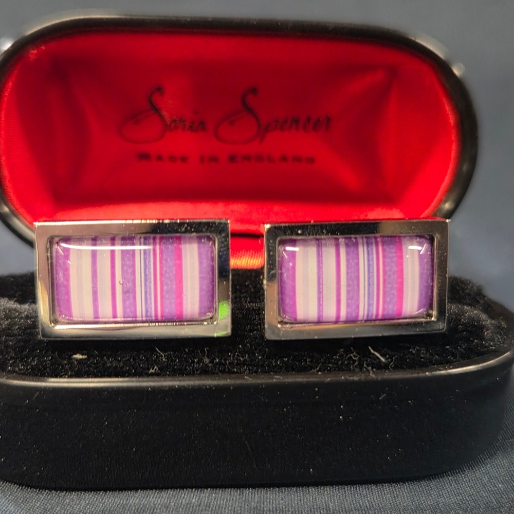 Sonia Spencer Striped Cufflinks Purple Pink White Silver Rectangular England OS